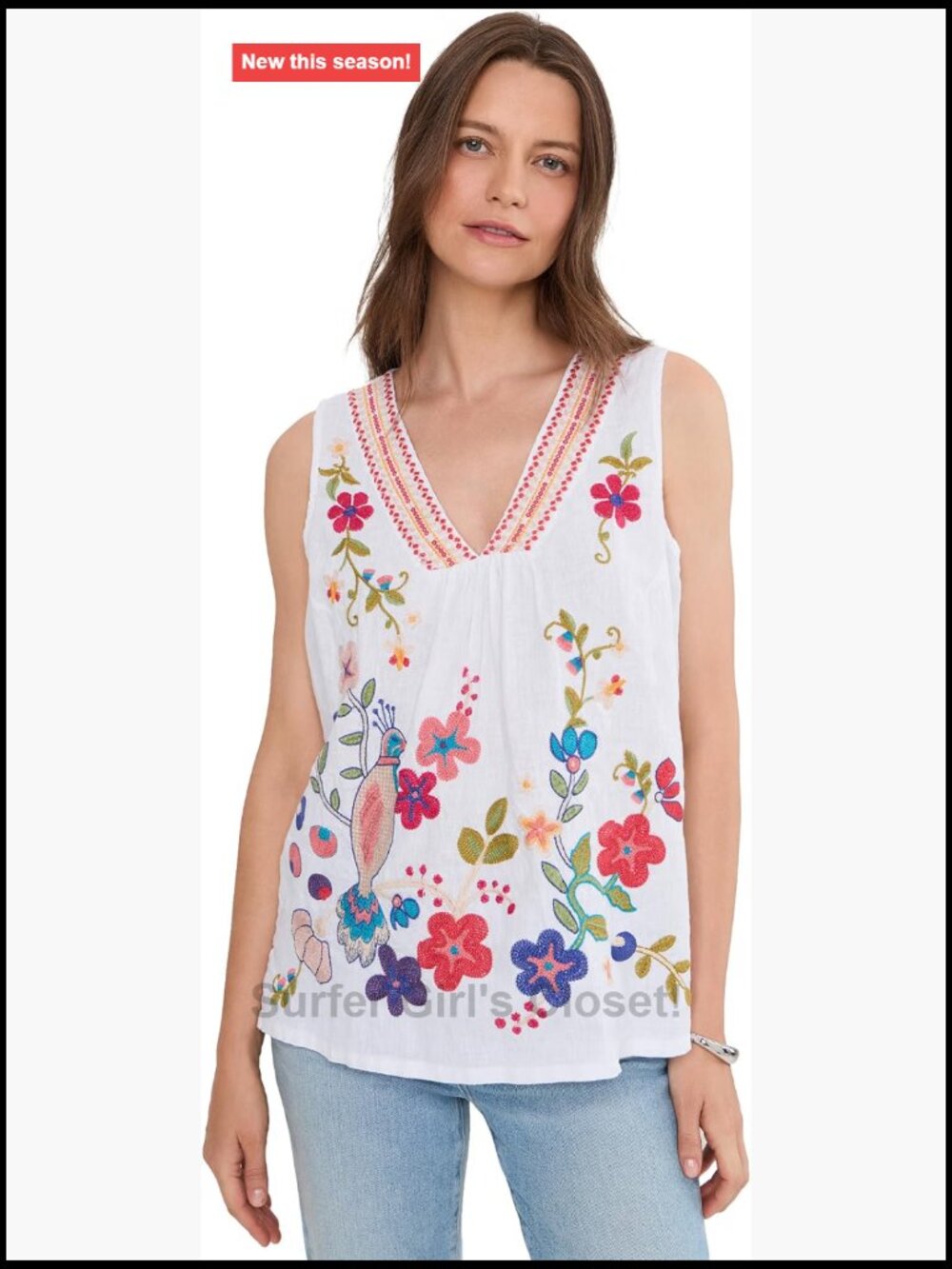 V-Neck Shirred Linen Tank Top Embroidered Floral Sleeveless